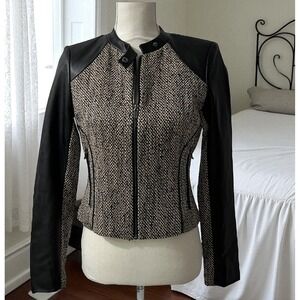 Calvin Klein Brown‎ Faux Leather Trim Tweed Moto Jacket XS